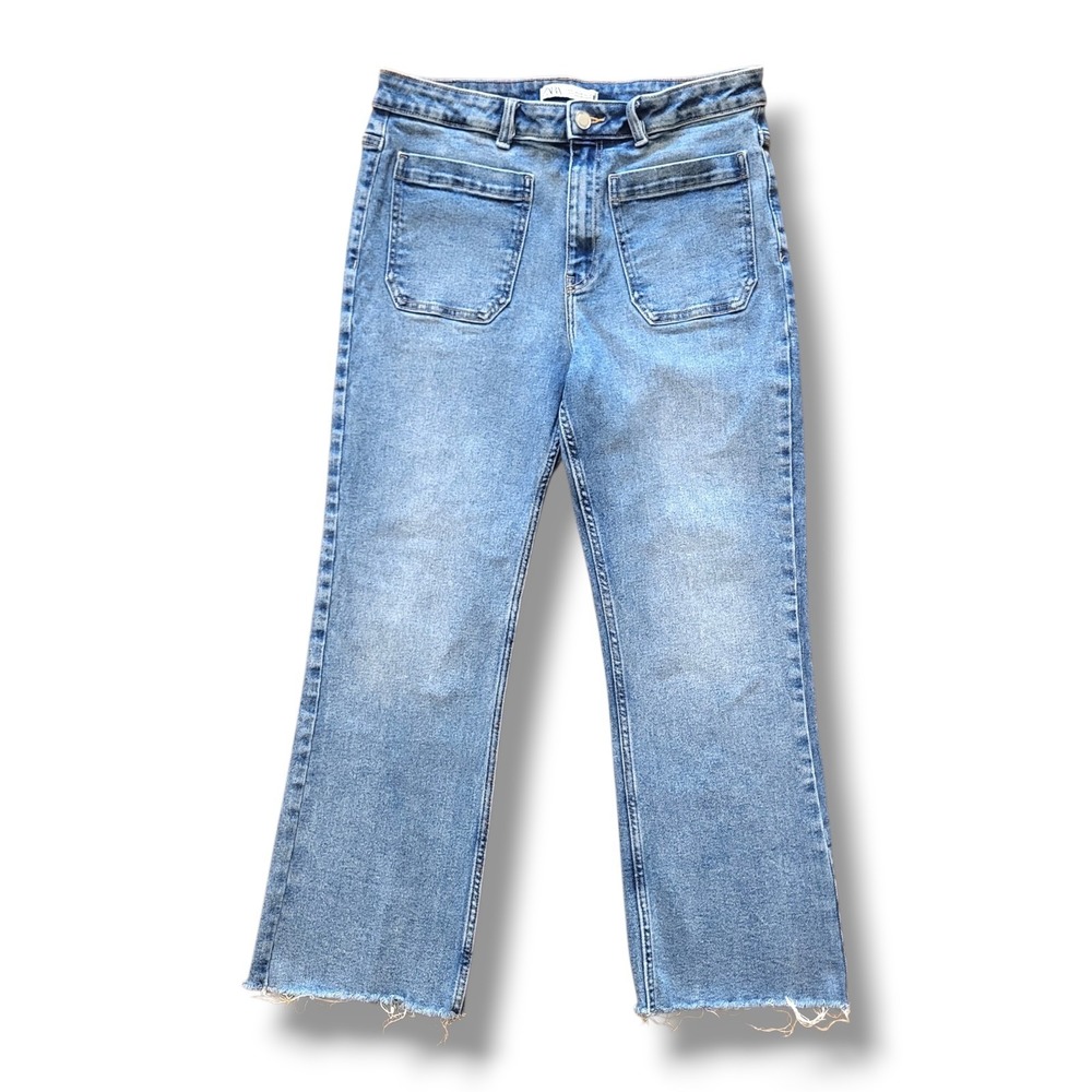 Zara Z1975 High Rise Mini Flare Jeans Womens 10 Blue Patch Pocket Raw Hem